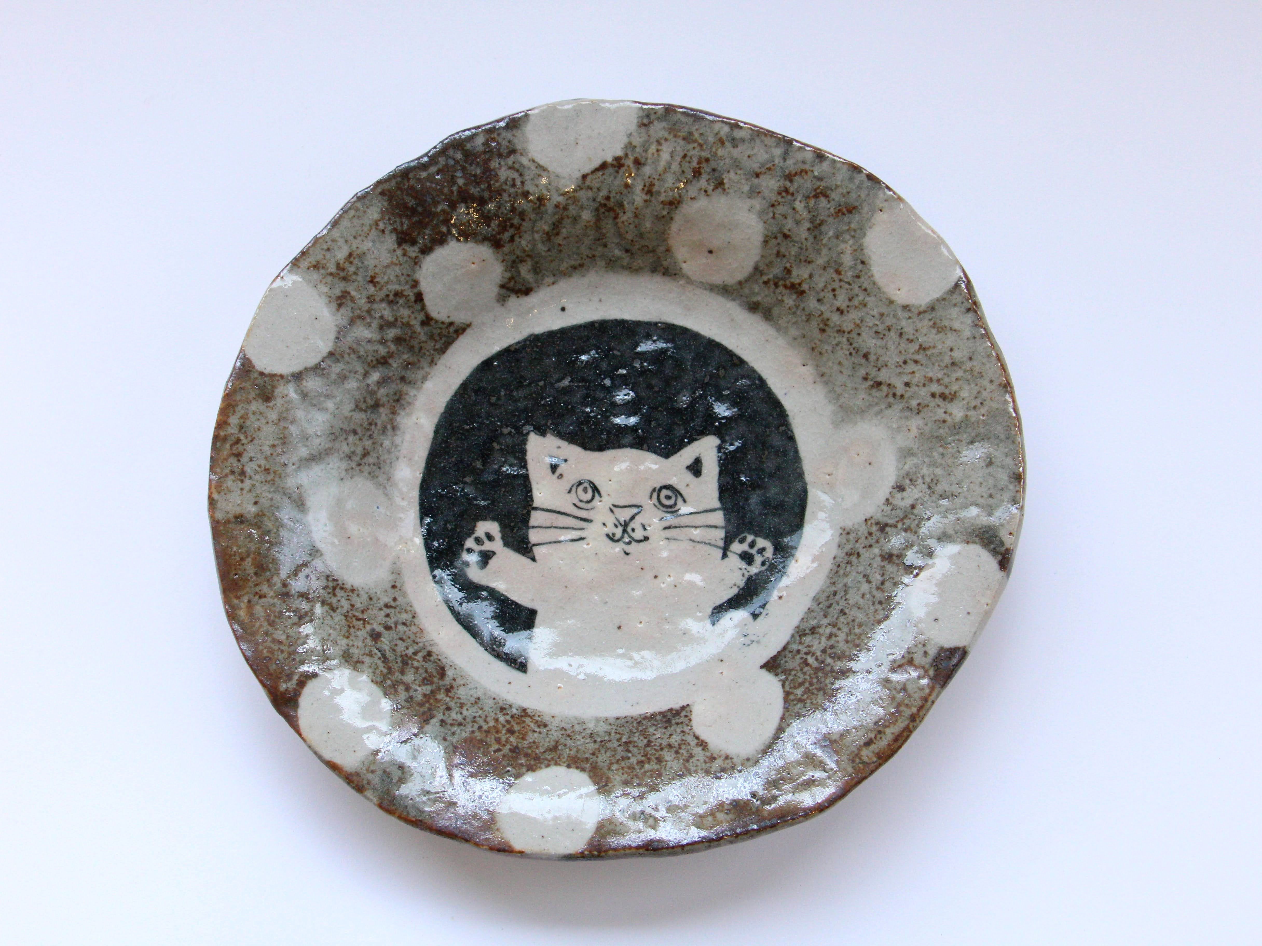 鼠志野ネコ水玉紋7寸浅鉢【佐藤大士】