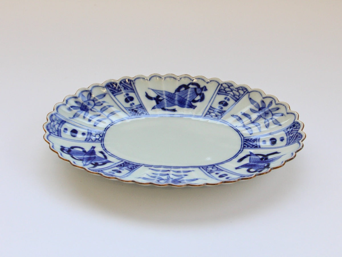 渕サビ芙蓉手楕円プレート【梶謙製磁】