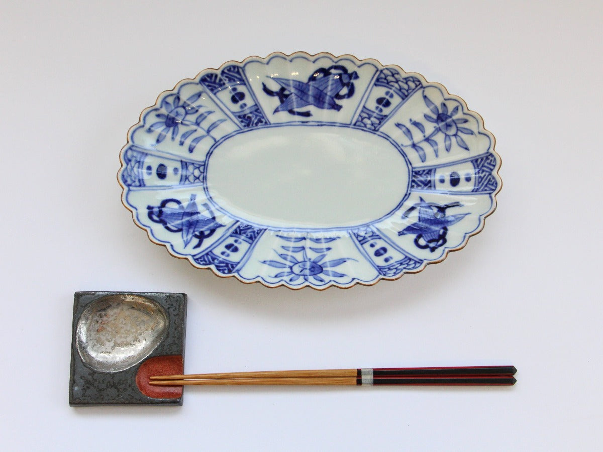 渕サビ芙蓉手楕円プレート【梶謙製磁】