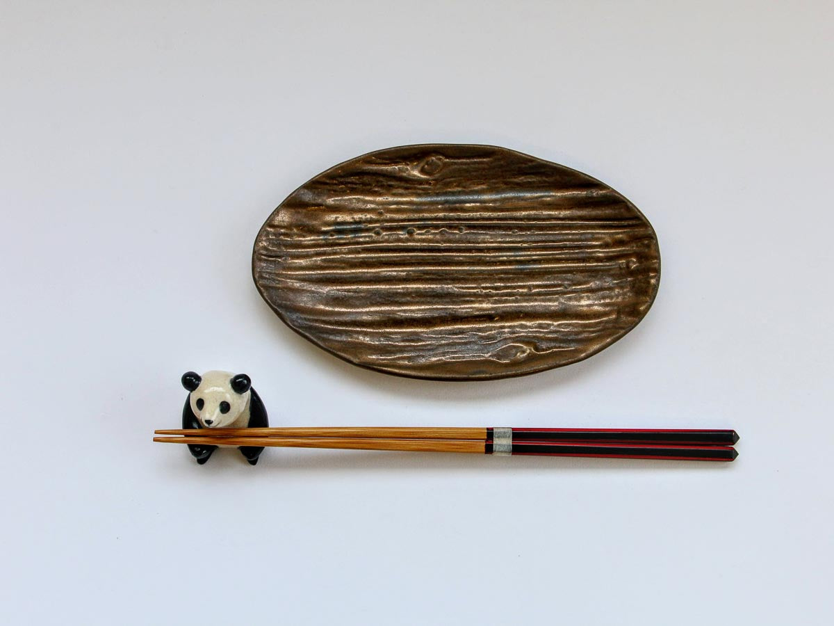 金泥釉木目楕円皿 小【喜鶴製陶】