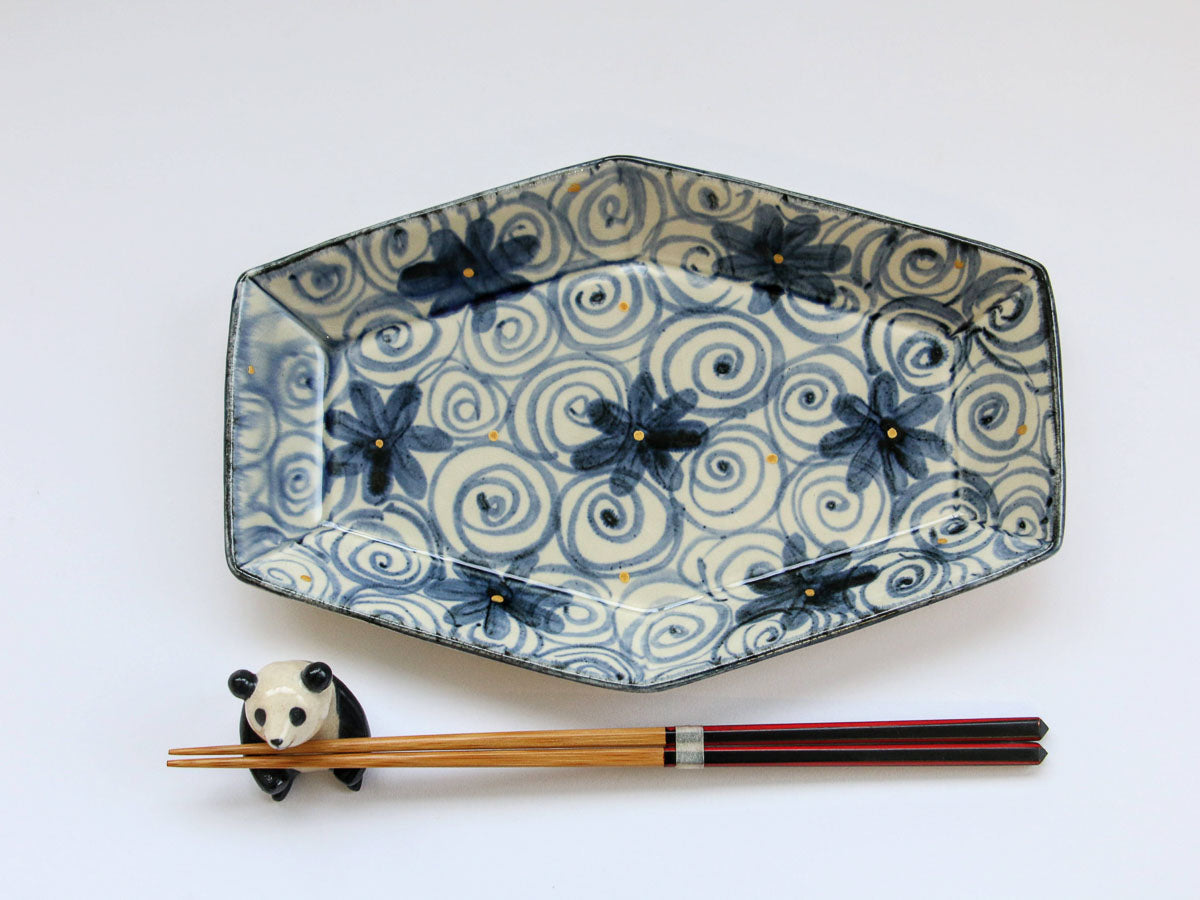 金彩うずはな紋六角長皿【喜鶴製陶】