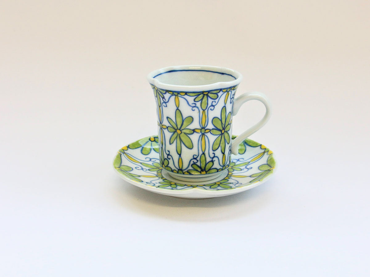 フラワーパレードナブリコーヒー碗皿 緑【田庄陶苑】