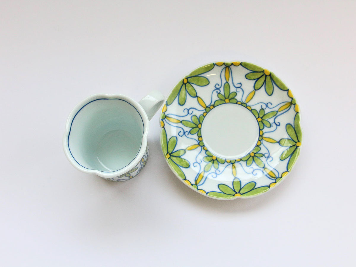 フラワーパレードナブリコーヒー碗皿 緑【田庄陶苑】
