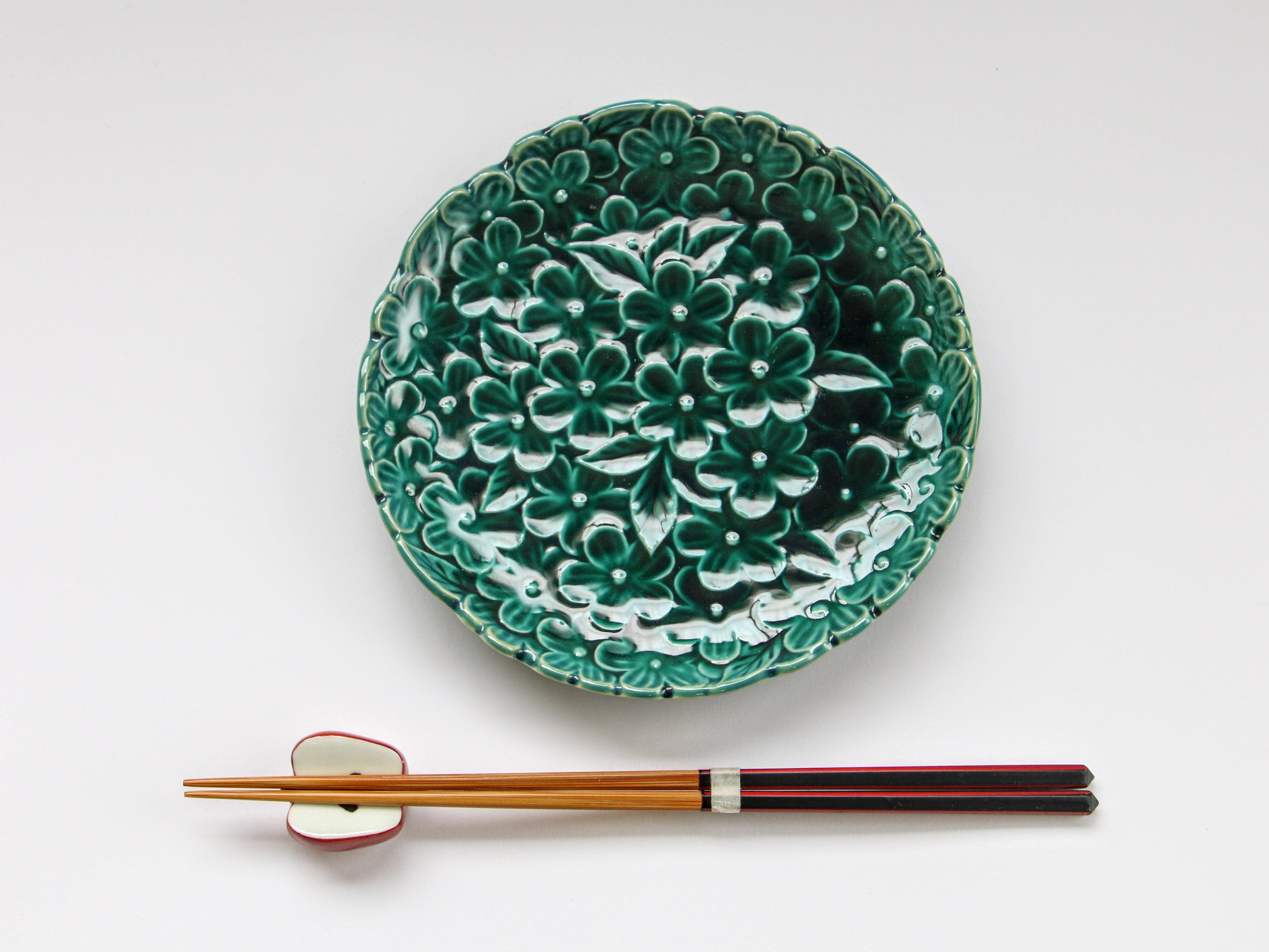 濃緑釉花ちらしフルーツ皿【梶謙製磁】