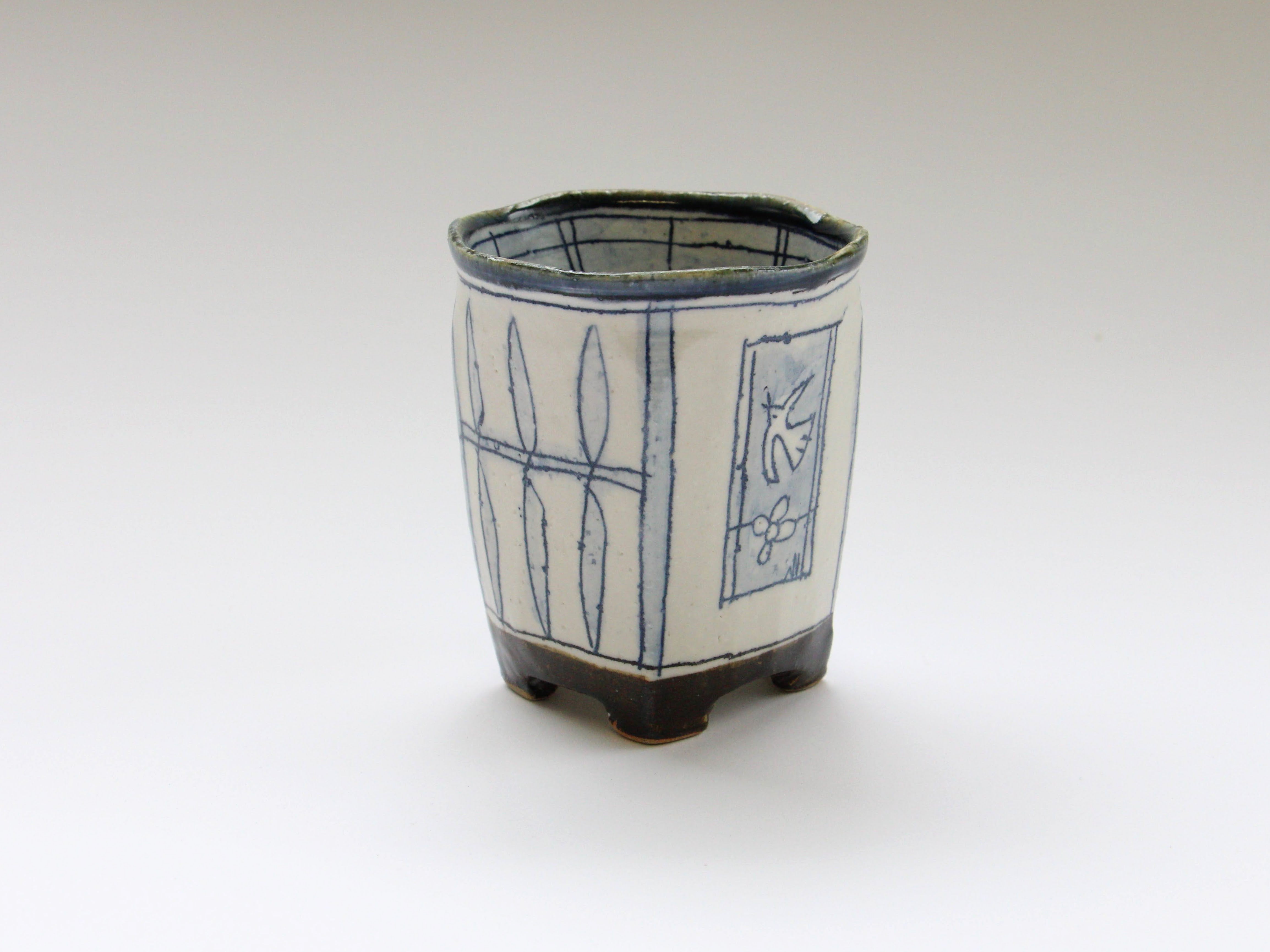 四つ足カップ 青 魚と鳥【加藤淳】