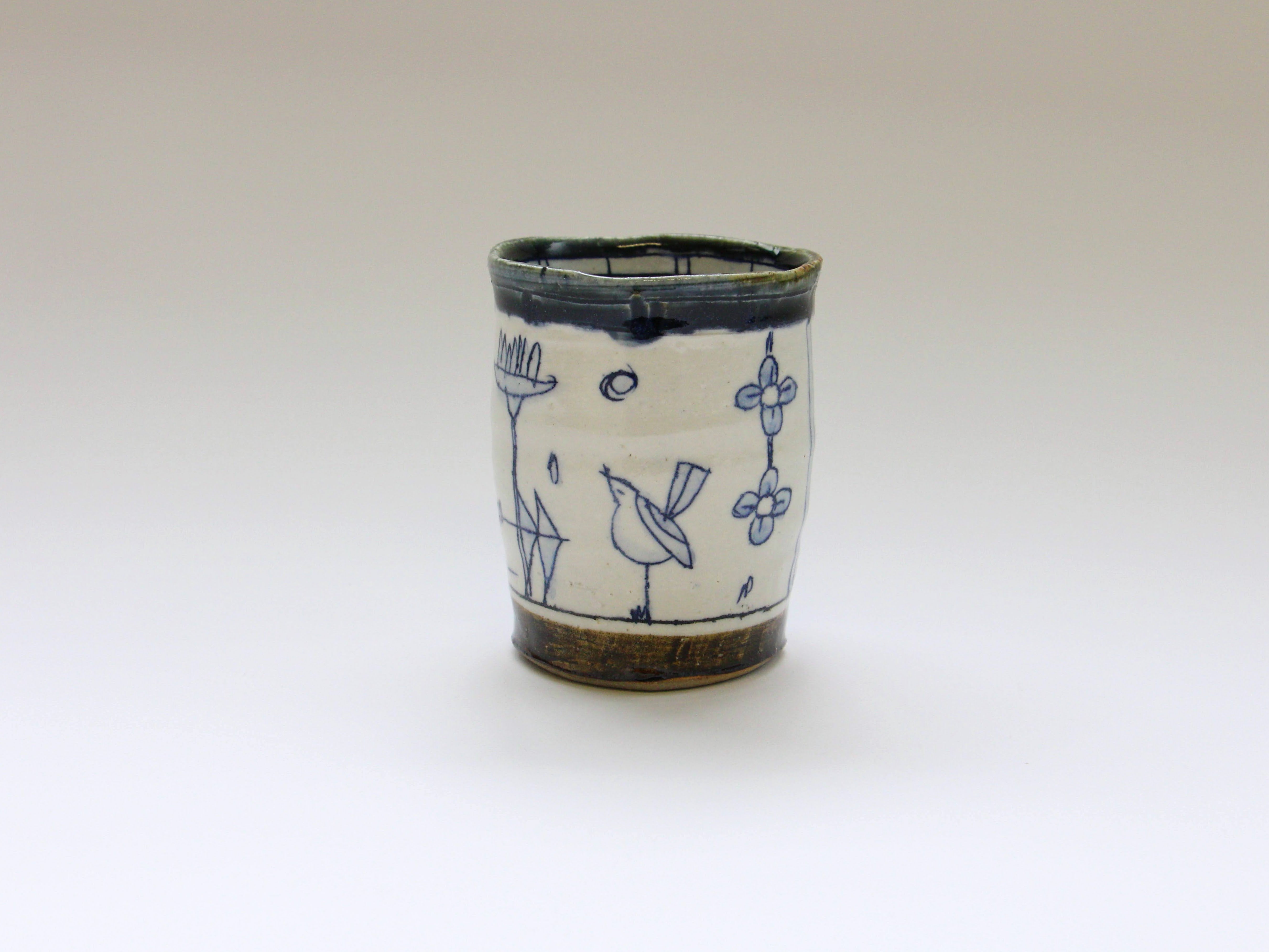 湯呑 青 花と鳥【加藤淳】