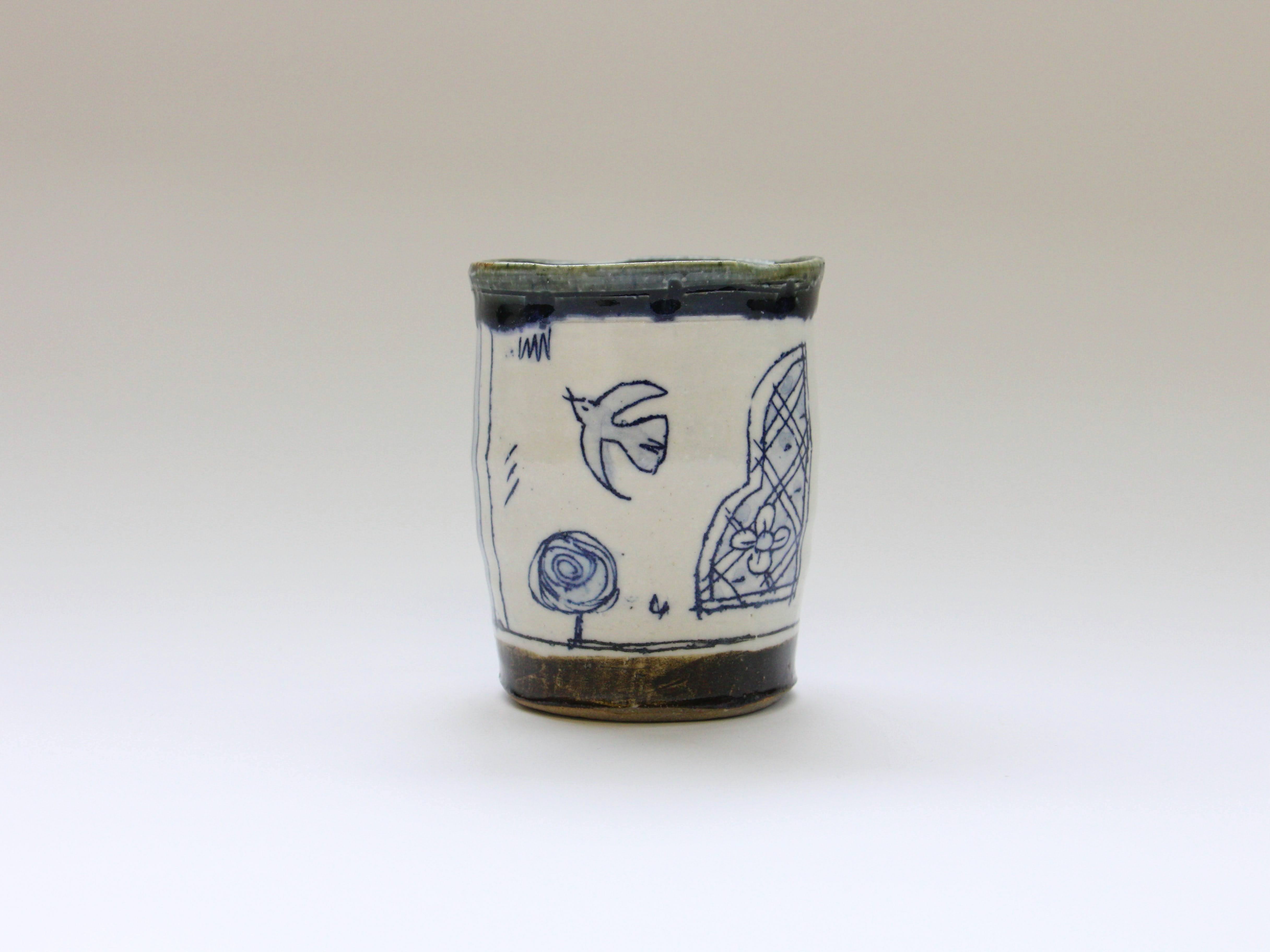 湯呑 青 花と鳥【加藤淳】