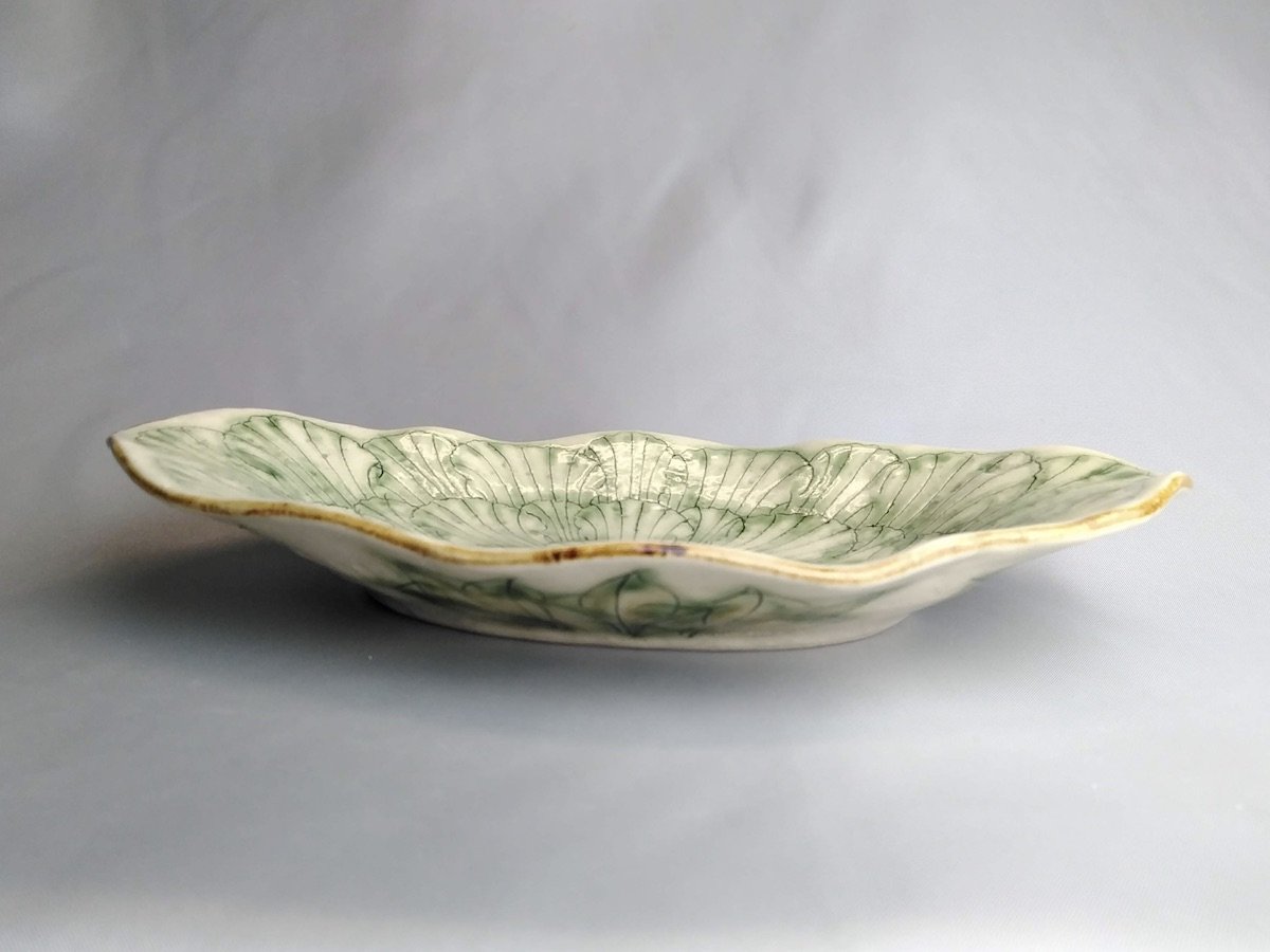 牡丹花舟形皿緑【加藤芳平】