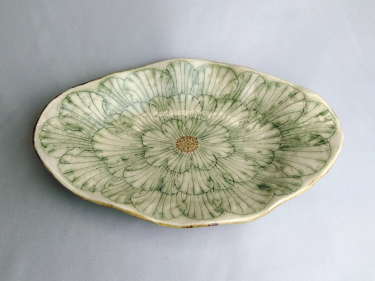 牡丹花舟形皿緑【加藤芳平】