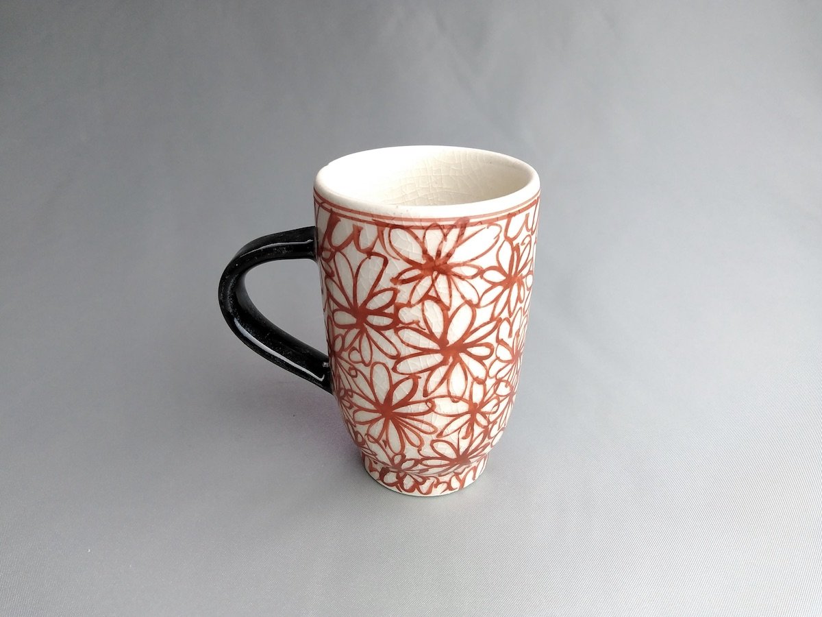 花詰手付筒形湯呑赤【喜鶴製陶】