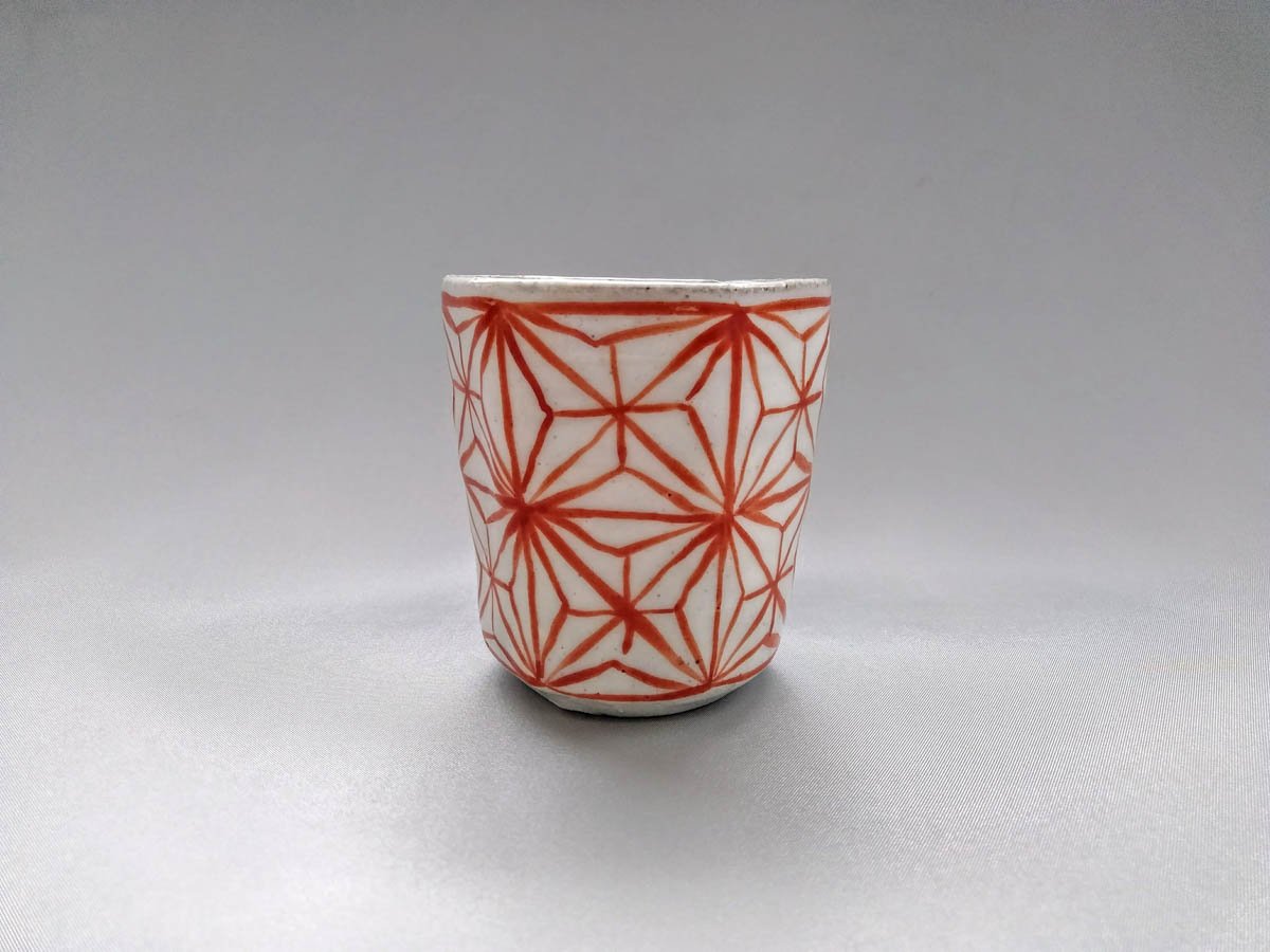 粉引麻の葉六角湯呑 赤【三浦繁久】