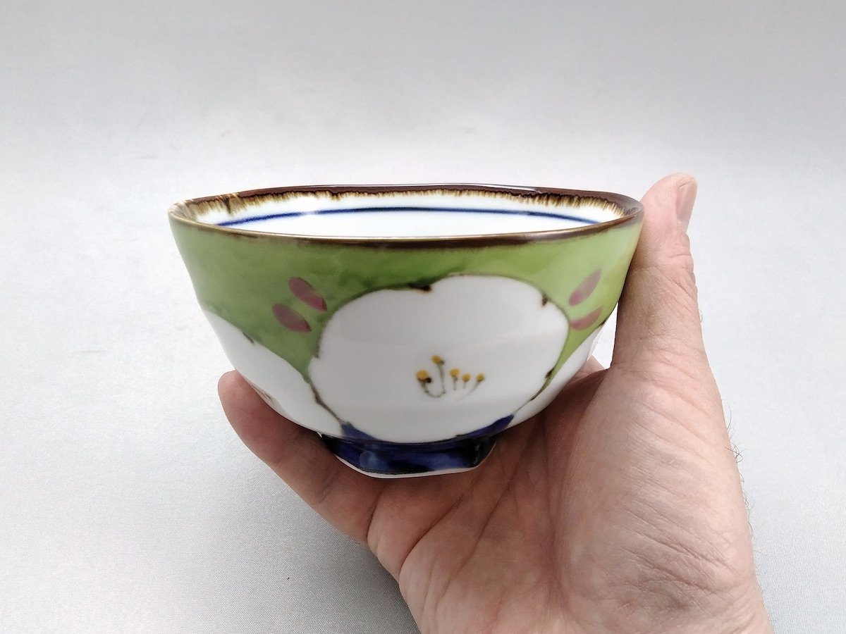 濃花六角高台飯碗緑【福峰窯】