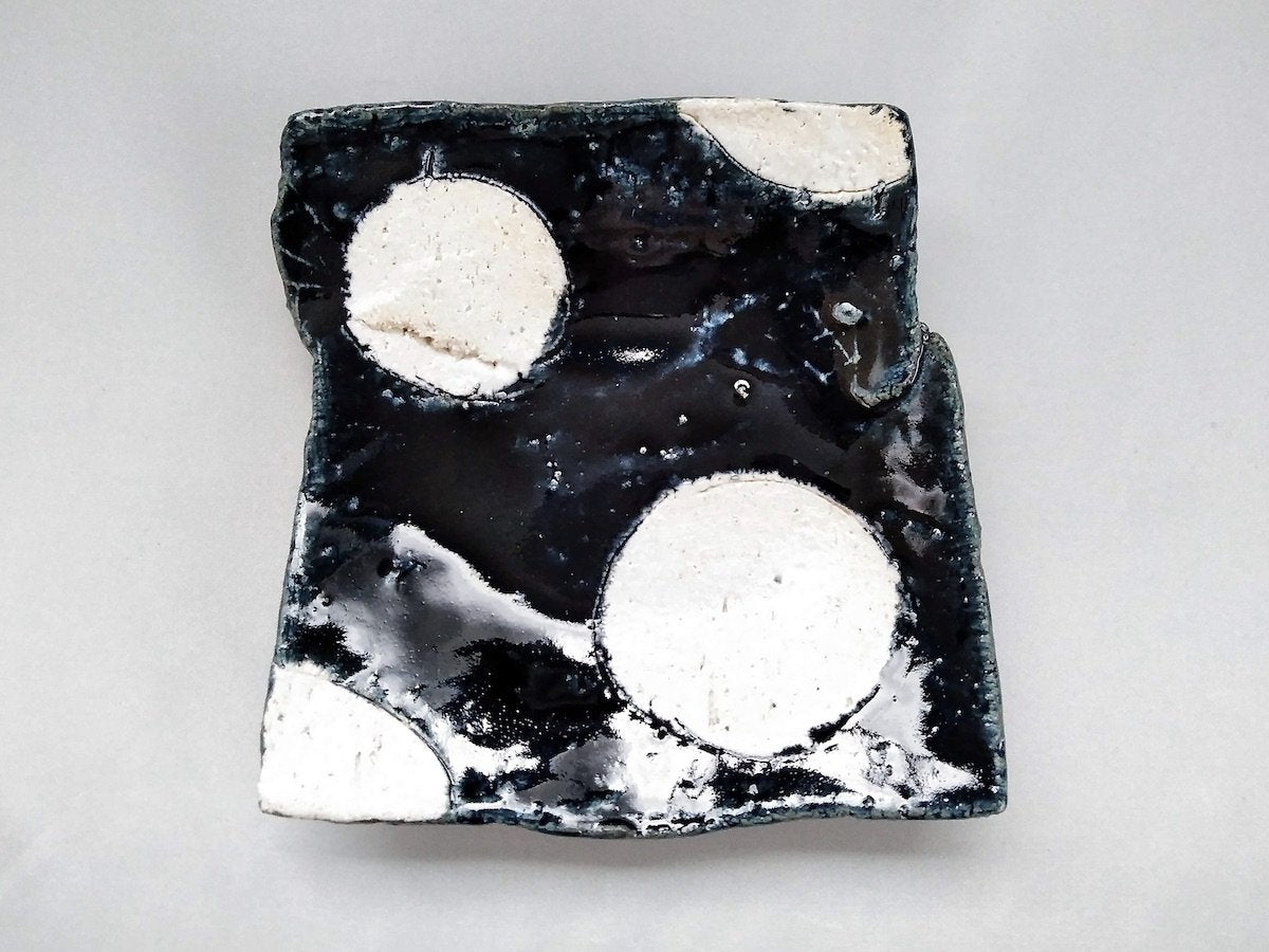 藍釉丸紋貼合角取皿【山本一仁】