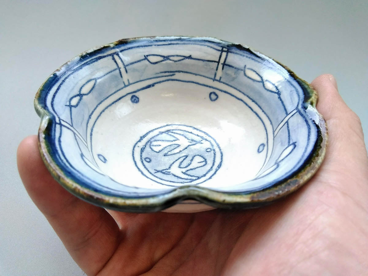 輪花小鉢 青 葉と鳥【加藤淳】