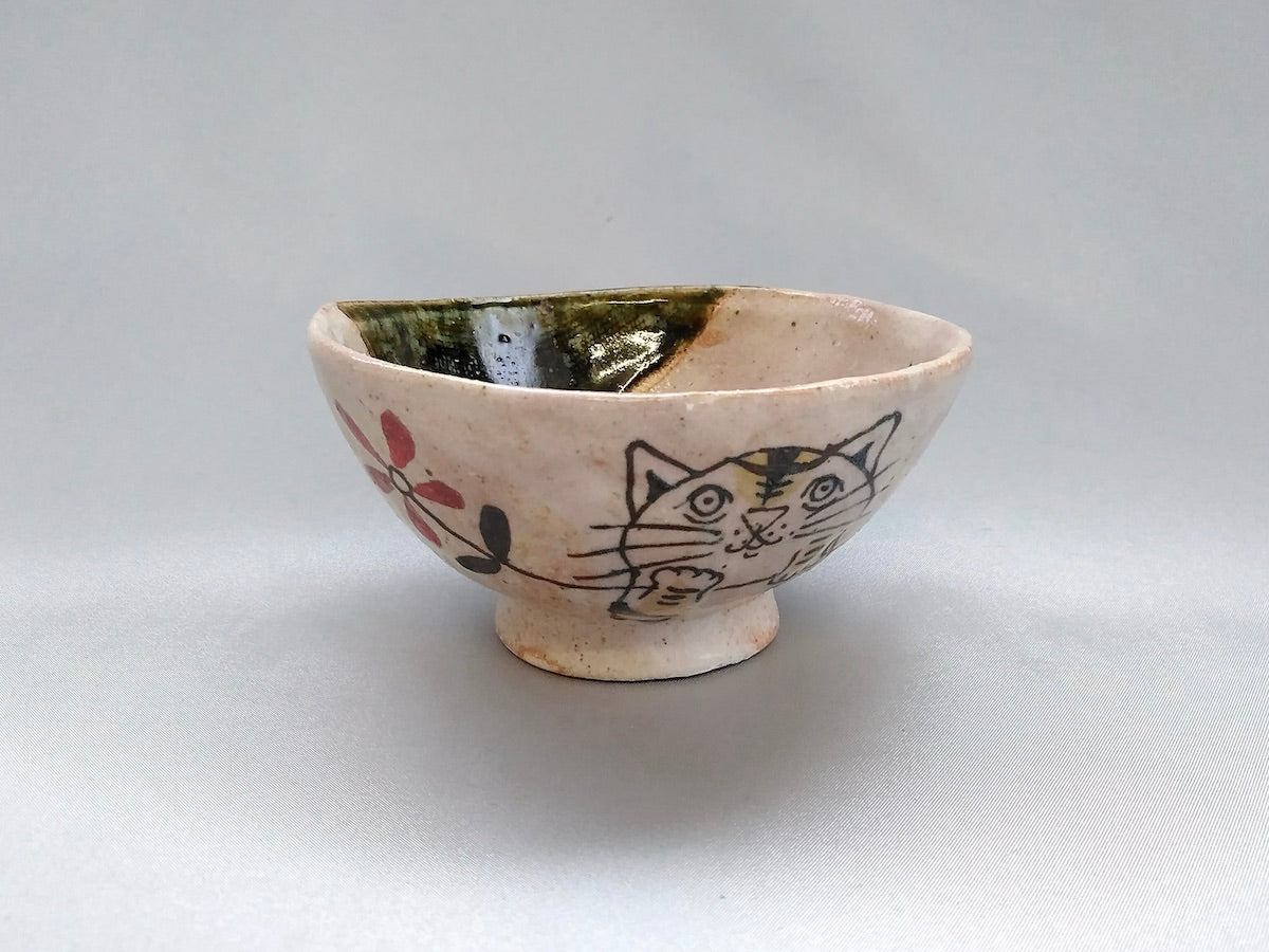 織部子供飯碗鳥と花とトラネコ【佐藤大士】