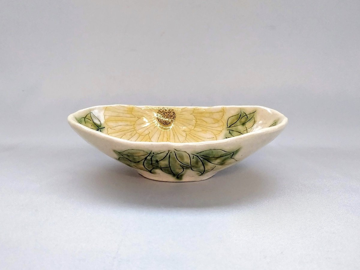 舞牡丹舟形小鉢黄【加藤芳平】