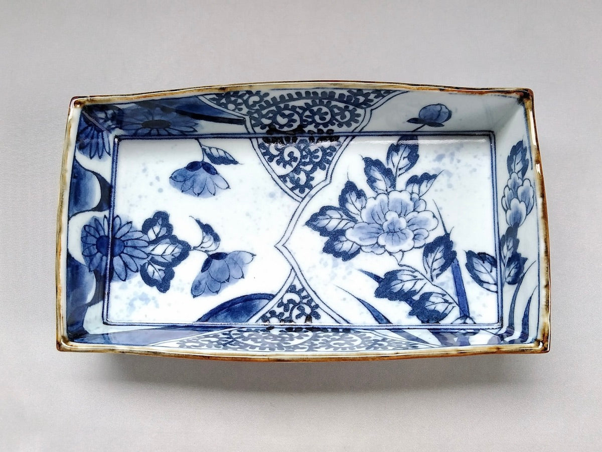 染付牡丹たこ唐草箱皿【寛右エ門窯】