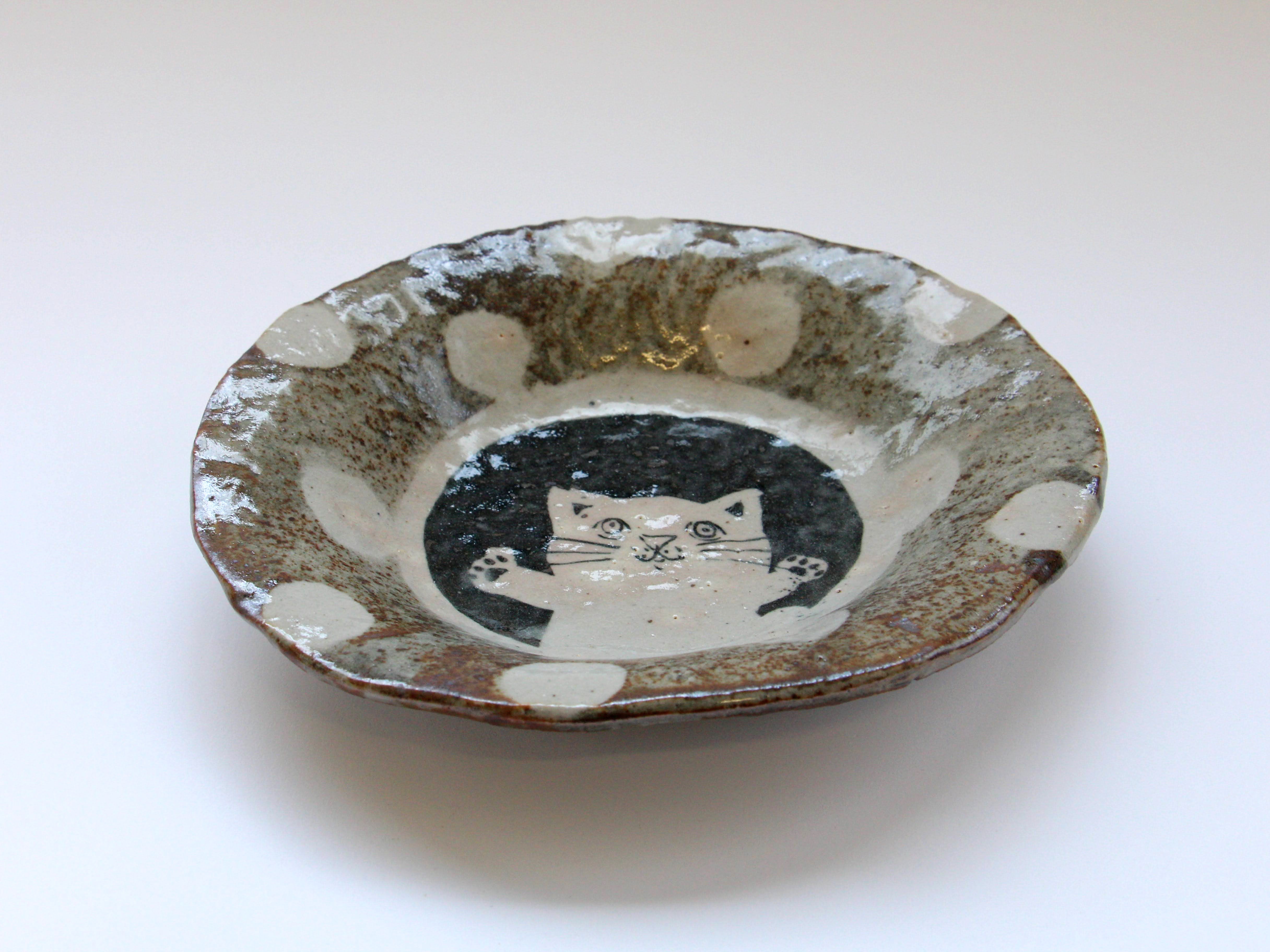 Nezumi-Shino cat polka dot pattern 7-inch shallow bowl [Daishi Sato]
