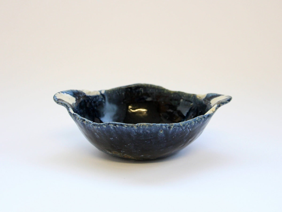 藍釉両耳ストライプ丸鉢【山本一仁】