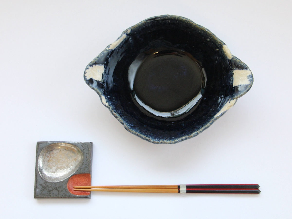 藍釉両耳ストライプ丸鉢【山本一仁】