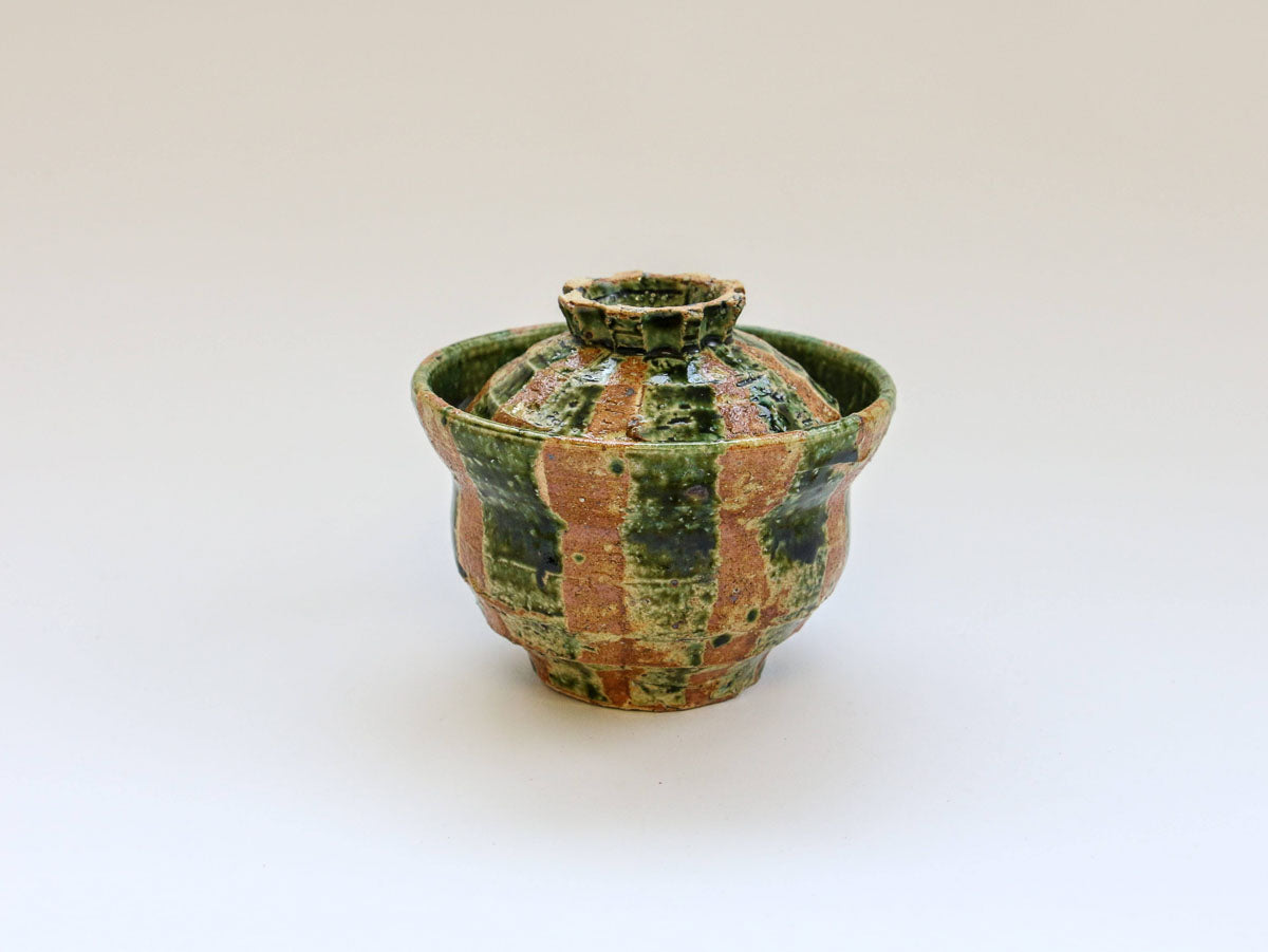 Oribe striped lidded bowl [Akihide Nakao]