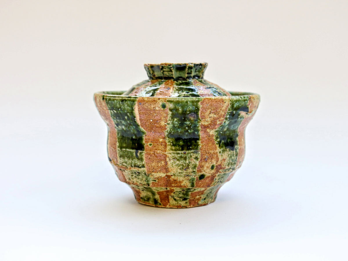 Oribe striped lidded bowl [Akihide Nakao]