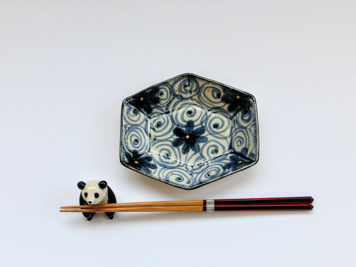 【希少】ウェッジウッド 金彩　小皿　黒壺　6枚セット 金彩うずはな紋六角小皿【喜鶴製陶】