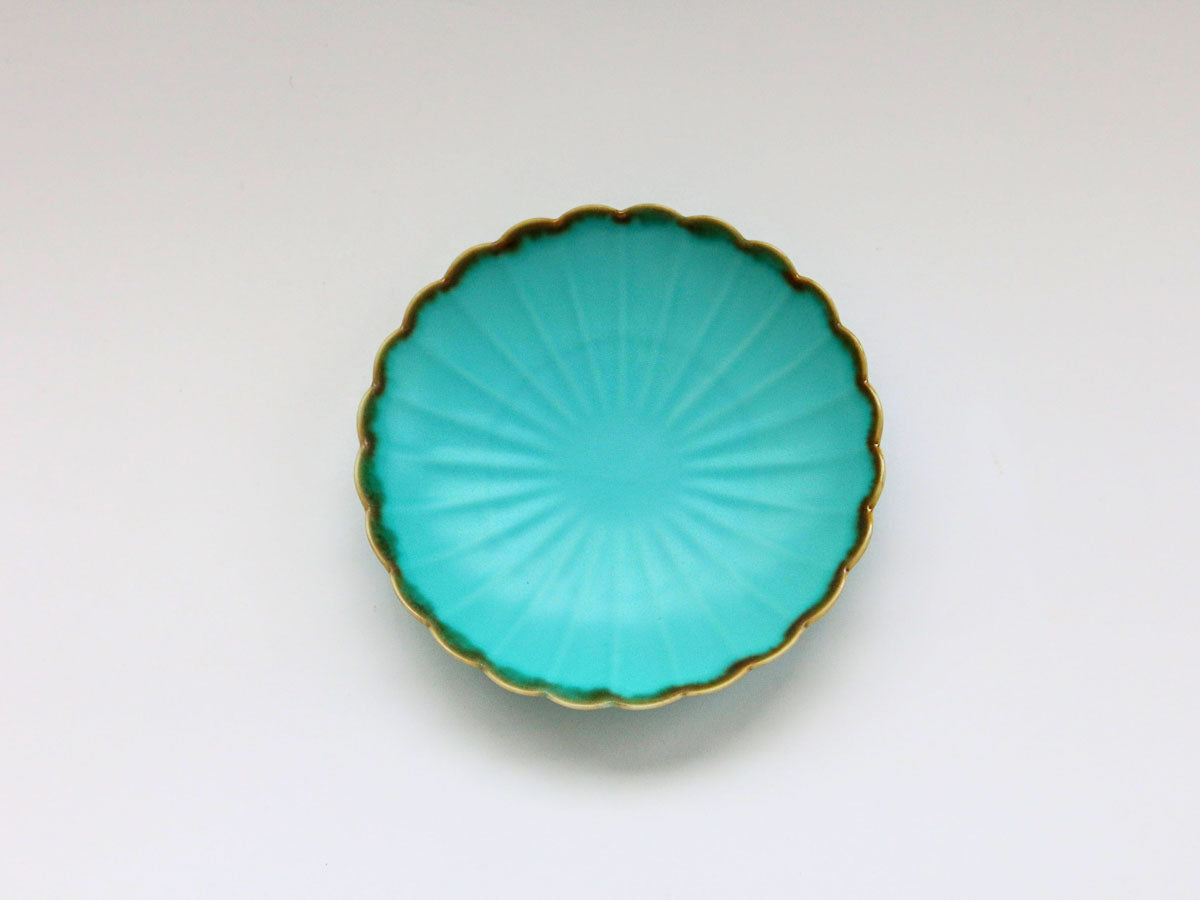 ターコイズブルー菊割5寸皿【長十郎窯】