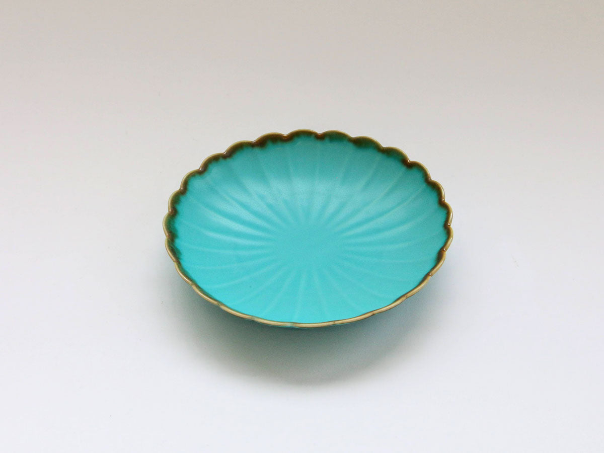 ターコイズブルー菊割5寸皿【長十郎窯】