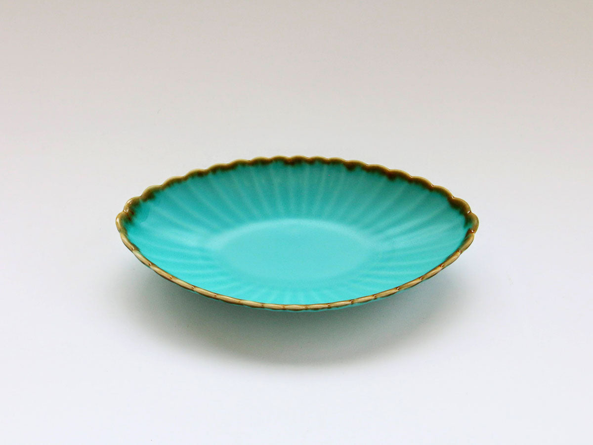 ターコイズブルー菊割楕円皿 大【長十郎窯】