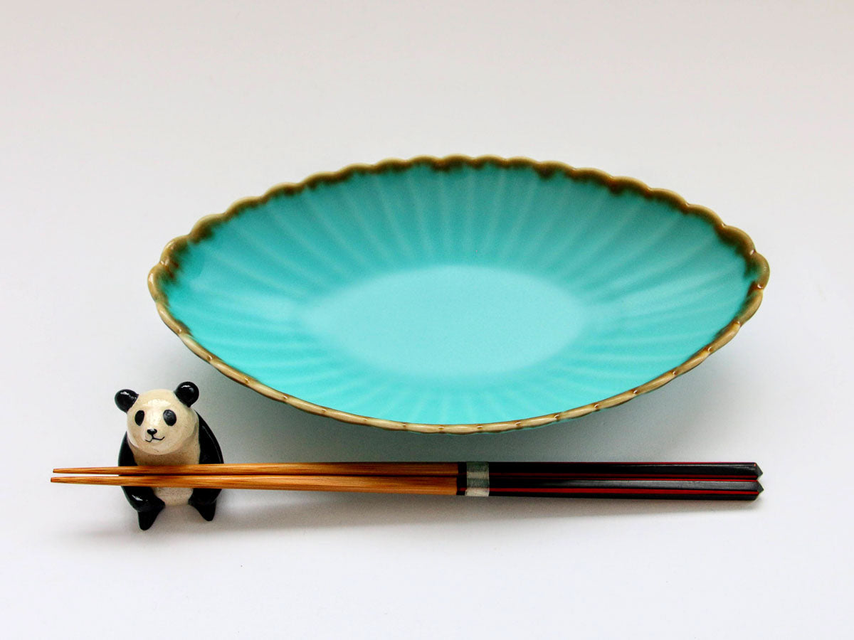 ターコイズブルー菊割楕円皿 大【長十郎窯】