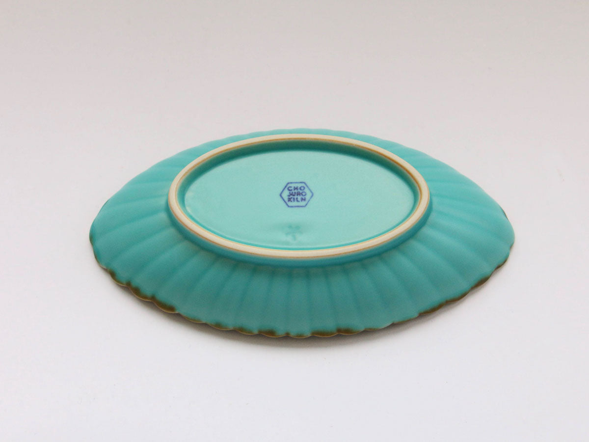 ターコイズブルー菊割楕円皿 大【長十郎窯】