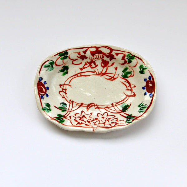 榛澤宏 色絵二花楕円小皿 豆皿 たたら 粉引 赤絵 作家もの 榛澤宏 色絵二花楕円小皿 豆皿 たたら 粉引 赤絵 作家もの