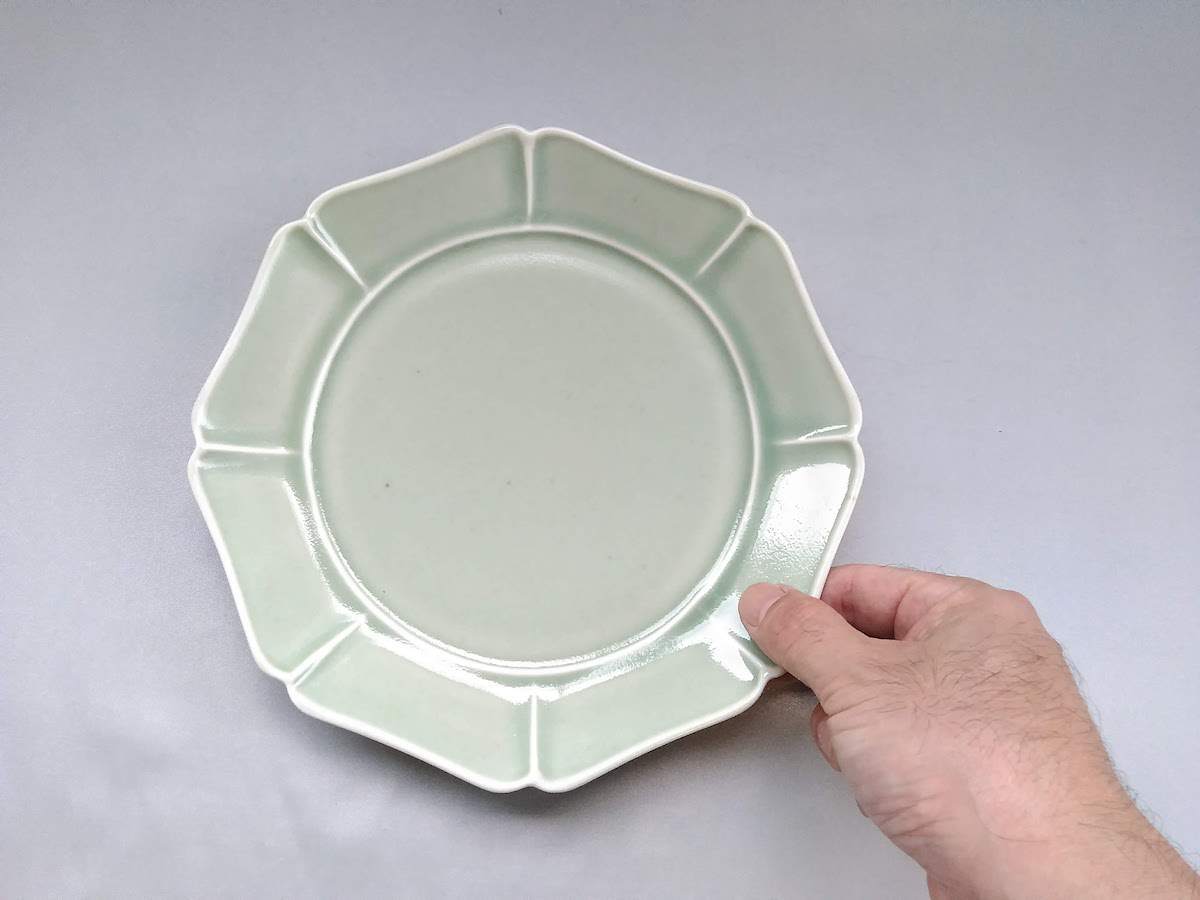 緑青磁八方7寸皿【陶房青】
