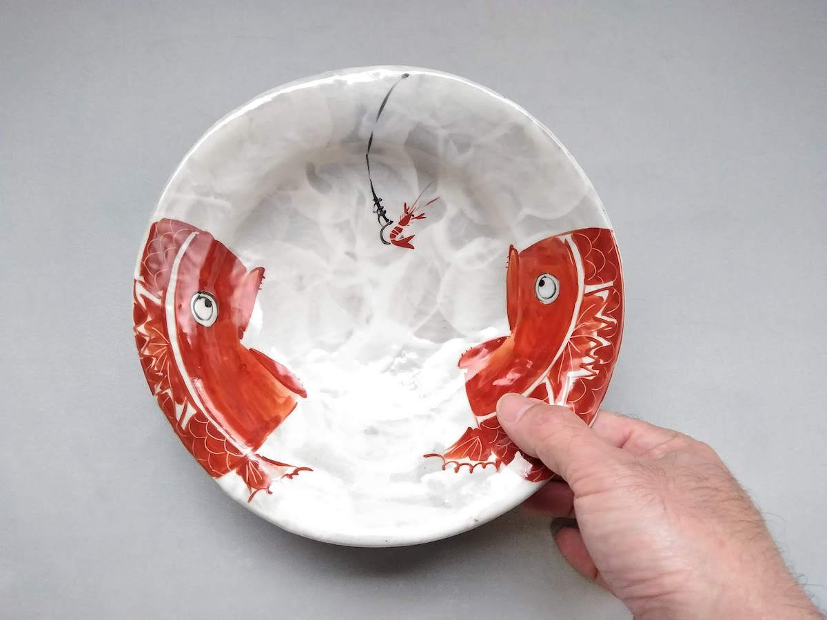 Shrimp and sea bream 6.5 inch pot red [Toru Kobo Raku]