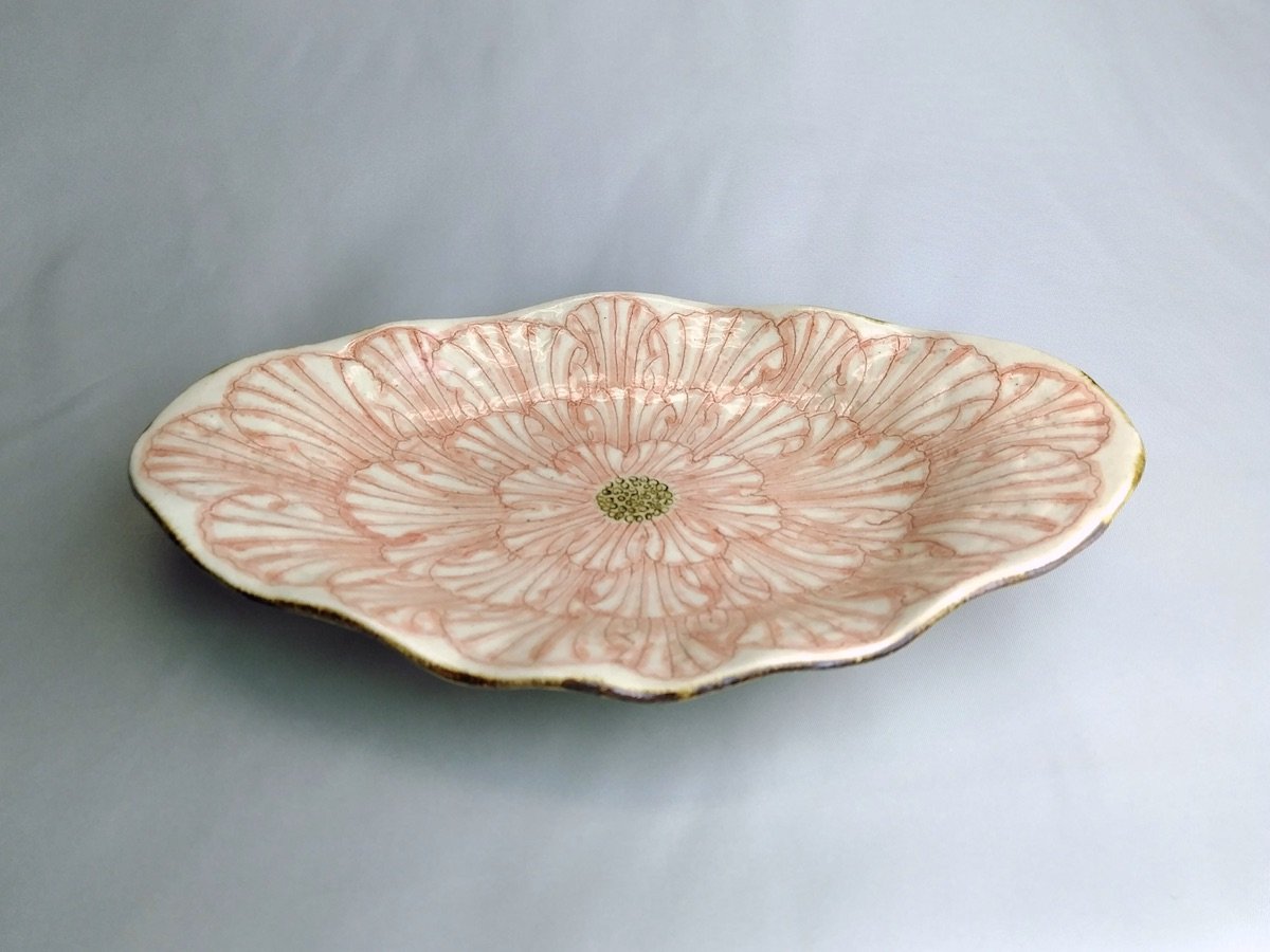 Peony flower boat-shaped plate red [Kato Kohei]