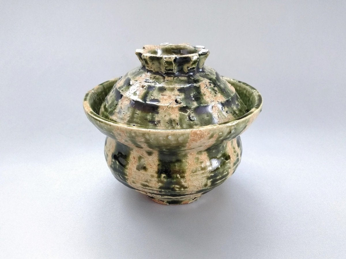 Oribe striped lidded bowl [Akihide Nakao]