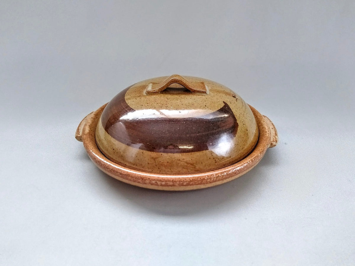 Brush-wrapped 6.5-inch round ceramic plate with lid [Anraku Kiln]