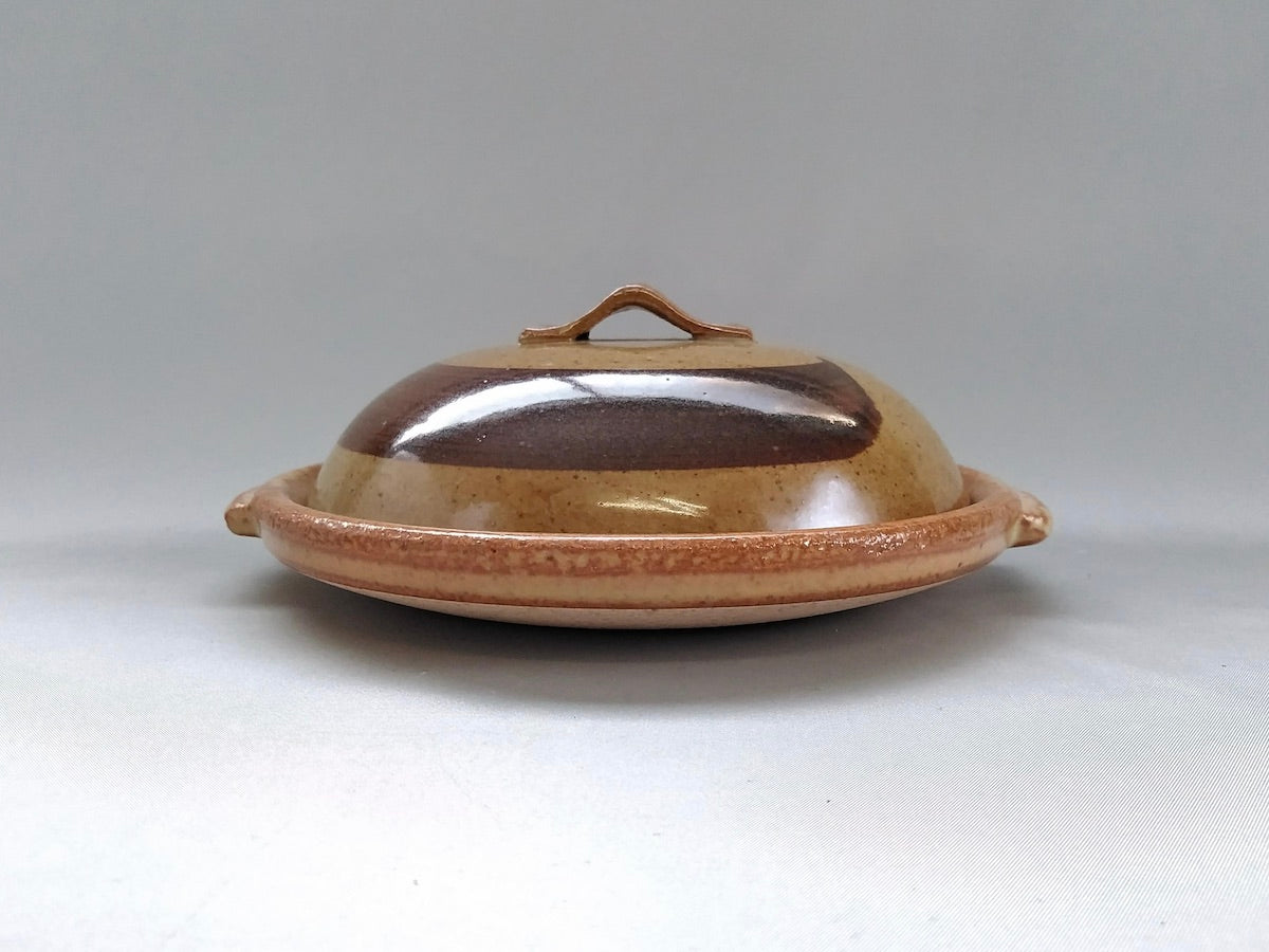 Brush-wrapped 6.5-inch round ceramic plate with lid [Anraku Kiln]