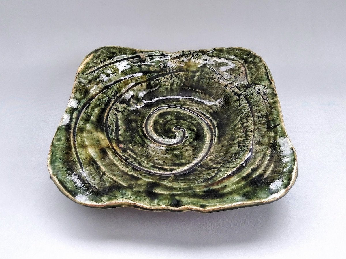 Oribe spiral pattern 7-inch square bowl [Kazuji Sato]